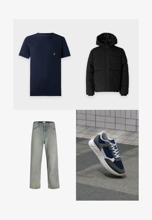 Black puffer jacket featuring a zip front, a hood, and horizontal quilted design. Made of a smooth, durable fabric with ribbed cuffs.; Navy blue cotton T-shirt with short sleeves, round neckline, and a chest pocket featuring a small yellow bird logo.; Light gray, loose-fitting jeans made of denim. Features a classic five-pocket design, belt loops, and a straight leg silhouette.; Sneaker featuring a navy blue mesh upper, gray suede accents, white rubber sole, and flat white laces, designed for comfort and breathability.