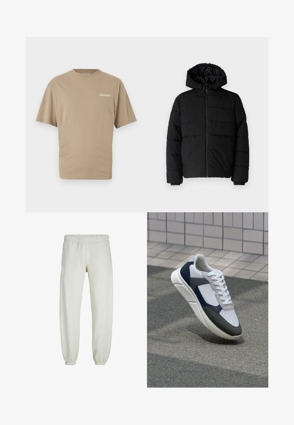 Crni puffer kaput s patentnim zatvaračem sprijeda, kapuljačom i horizontalnim šavovima. Izrađen od glatkog, izdržljivog materijala s rebrastim manžetama.; Bež pamukasta majica s kratkim rukavima i okruglim izrezom. Ima ispis "Club1990" u bijeloj boji na lijevoj strani prsnog koša. Glatka tekstura, regularna kroja.; Bijele trenirke napravljene od mekanog materijala, s elastikom u struku i na manžetama, glatke teksture i labavog kroja.; Bijela, mornarsko plava i siva tenisica s dizajnom od miješanih materijala, koja ima teksturirani gornji dio, ravne vezice i udoban đon.