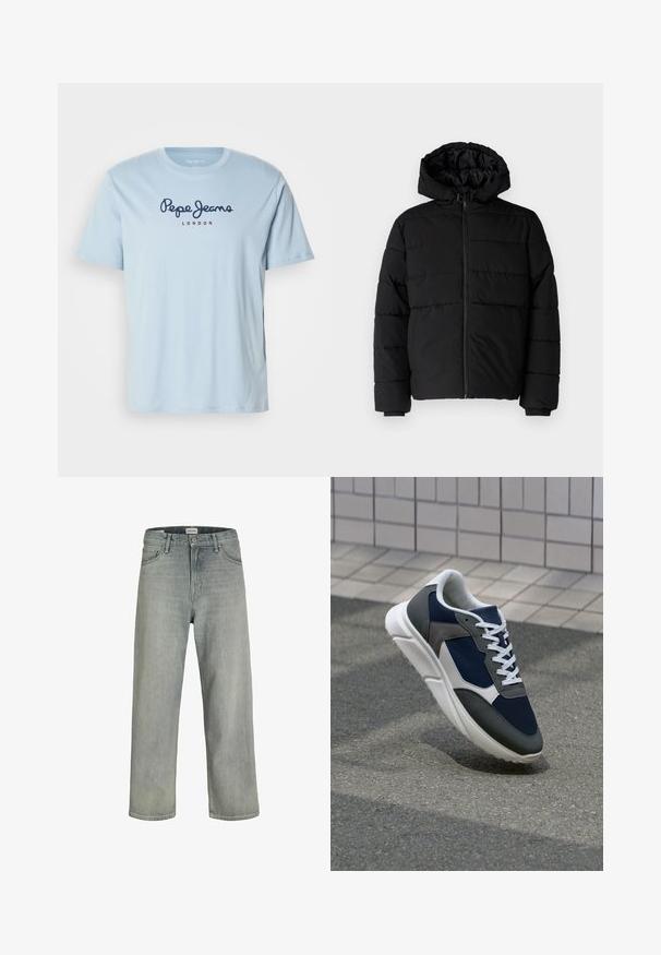 Casaco puffer preto com fecho de correr, capuz e design acolchoado horizontal. Feito de um tecido liso e durável com punhos canelados.; T-shirt de algodão azul claro com mangas curtas, apresentando o logo em azul escuro "Pepe Jeans" e o texto em vermelho "LONDON" no peito.; Jeans soltos de cor cinza claro feitos de denim. Apresentam um design clássico de cinco bolsos, passadores para cinto e uma silhueta de perna reta.; Sapatilha com parte superior em malha azul-marinho, detalhes em camurça cinza, sola de borracha branca e atacadores brancos planos, projetada para conforto e respirabilidade.