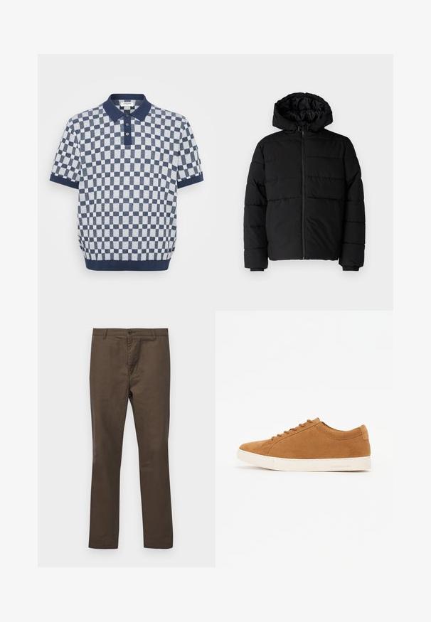 Svart boblejakke med glidelås foran, hette og horisontalt quiltet design. Laget av et glatt, slitesterkt stoff med ribbede cuffs.; Rutete polo-skjorte i marineblå og hvit, kort erm, med ribbet krage og knappestolpe. Strikket tekstur med vekslende firkanter.; Brune bomullsbukser med rett ben-design, med knappelukking og beltehemper, glatt tekstur uten mønstre eller detaljer.; Brune semskede sneakers med lavtopdesign, hvid gummi sål og rund tå. Har matchende snørebånd og minimal branding på hælen.