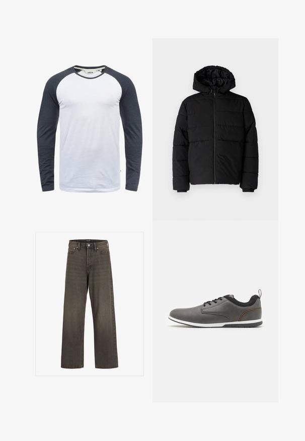 Must värvi puffernahk, millel on seljaed, kapuuts ja horisontaalne õmblusdisain. Valmistatud sujuvast, vastupidavast kangast ja ribakujuliste varrukaotste jaok.; Pikem varrukaga T-särkk, millel on valge keha ja tumeda halli raglanvarrukad. Valmistatud siledast kangast koos ümarate kaelustega ja peente õmblusdetailidega.; Laia säärtega sinimustad teksad tumeda halli denimi, kõrge talje, klassikalise viie tasku disaini ning kontrastsete õmblustega õmblustel.; Hallitusseente nahast jalanõud mustade aktsentidega, ringikujulise varbaga, süsteemiga, valge tallaga ja väikese tõmbluku detailiga kandamisel.