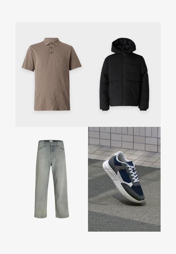 Musta puhvijakku, jossa on vetoketjukiinnitys, huppu ja vaakasuora tikkauksen rakenne. Valmistettu sileästä, kestävästä kankaasta, jossa on röpelöiset hihansuut.; Vaaleanruskea lyhythihainen polo-paita, joka on valmistettu pehmeästä kankaasta. Siinä on kauluskotelo, kolme nappia ja rintatasku.; Vaaleanharmaat, löysät farkut, jotka on valmistettu denimistä. Ominaisuuksiin kuuluu klassinen viiden taskun muotoilu, vyölenkit ja suora lahjetyyli.; Kengät, joissa on tummansininen verkkopäällinen, harmaat mokka-yksityiskohdat, valkoinen kumipohja ja litteät valkoiset nauhat, suunniteltu mukavuutta ja hengittävyyttä varten.