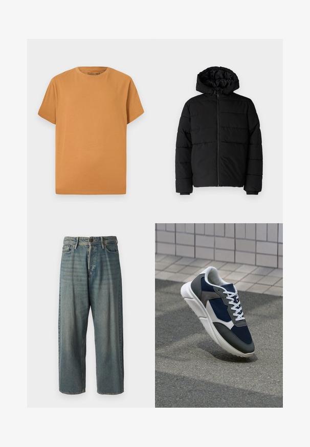 Fekete puff dzseki cipzárral elöl, kapucnival és vízszintes steppelt mintázattal. Simább, tartós anyagból készült, bordázott mandzsettákkal.; Rövid ujjú póló egyszínű világosbarna színben, puha pamutból készült. Klasszikus kerek nyakkivágással és laza fazonnal rendelkezik.; Világoskék farmernadrág, laza fazonnal, közepes derékbőséggel és egyenes szárral. Öt zsebet, övbucskát és gombos záródást tartalmaz.; Cipő, amelynek sötétkék hálós felsőrésze, szürke velúr díszítései, fehér gumitalpa és lapos fehér fűzője van, a kényelem és a légáteresztő képesség érdekében tervezve.