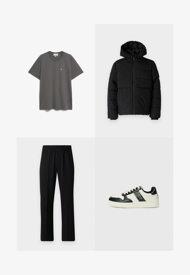 Schwarze Daunenjacke mit Reißverschluss vorne, Kapuze und horizontalem Steppmuster. Hergestellt aus einem glatten, strapazierfähigen Stoff mit gerippten Manschetten.; ARMEDANGELS LAARON - T-Shirt basic - iron cast; Schwarze, Gummibund-Hosen mit geradem Schnitt, die eine glatte Textur aufweisen und keine sichtbaren Muster oder Beschläge haben.; Leder-Sneaker in Schwarz- und Cremetönen, mit perforierten Akzenten, einem gepolsterten Kragen und einer strukturierten Laufsohle.