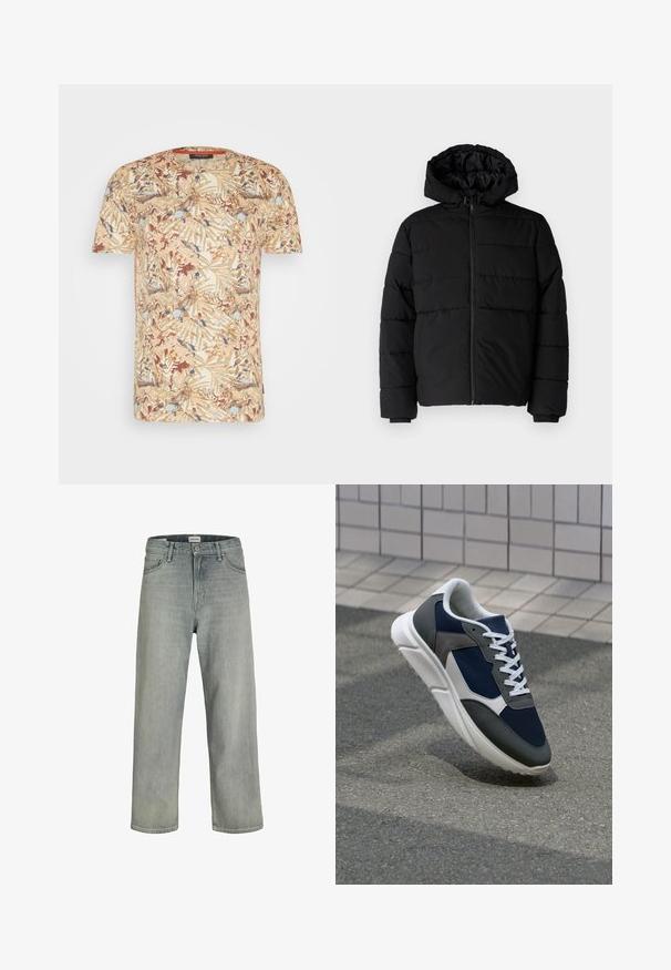 Doudoune noire avec fermeture éclair à l'avant, capuche et design matelassé horizontal. Fabriquée dans un tissu lisse et durable avec des poignets côtelés.; T-shirt à manches courtes avec une base beige et un motif de feuillage multicolore dans les tons de marron, bleu et crème. Encolure ronde, tissu doux.; Jeans gris clair, de coupe ample en denim. Présente un design classique à cinq poches, des passants de ceinture et une silhouette à jambe droite.; Baskets avec une tige en mesh bleu marine, des accents en suède gris, une semelle en caoutchouc blanc et des lacets plats blancs, conçues pour le confort et la respirabilité.