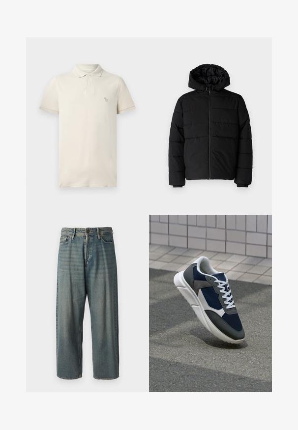 Casaco puffer preto com fecho de correr, capuz e design acolchoado horizontal. Feito de um tecido liso e durável com punhos canelados.; Polo bege feito de algodão, com colarinho, mangas curtas e um pequeno logótipo bordado no peito. Textura suave com um corte clássico.; Jeans de ganga azul claro com um corte solto, cintura média e pernas retas. Apresenta cinco bolsos, passadores de cinto e fecho com botão.; Sapatilha com parte superior em malha azul-marinho, detalhes em camurça cinza, sola de borracha branca e atacadores brancos planos, projetada para conforto e respirabilidade.