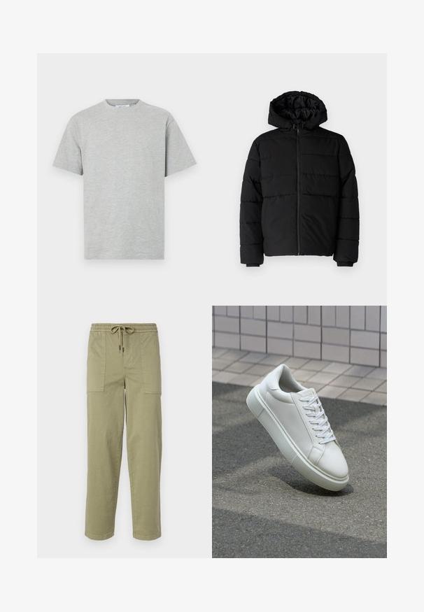 Doudoune noire avec fermeture éclair à l'avant, capuche et design matelassé horizontal. Fabriquée dans un tissu lisse et durable avec des poignets côtelés.; T-shirt en coton gris avec un col rond, des manches courtes et une coupe décontractée. Texture lisse sans motifs ni accents visibles.; Pantalons vert olive clair en tissu mélangé coton, dotés d'une taille élastique avec cordon de serrage et de deux grandes poches latérales.; Baskets en cuir blanc avec une surface lisse, bout rond et lacets plats blancs. Présentent une semelle en caoutchouc texturée et des éléments de design minimalistes.