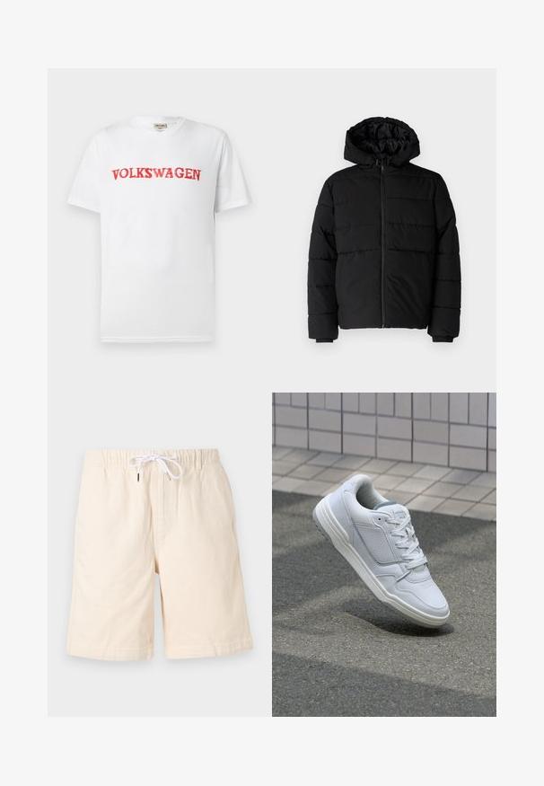 Melna pūkainā jaka ar rāvējslēdzēju priekšā, kapuci un horizontālu quiltēšanas dizainu. Izgatavota no gludas, izturīgas auduma ar ribotām piedurknēm.; Baltas īsām piedurknēm t-krekls ar sarkanu "VOLKSWAGEN" logo bolderā, nedaudz dilušā fontā uz krūtīm. Audums: kokvilna.; Beigu kokvilnas īsie šorti ar brīvu piegulšanu, elastīgu jostu un baltu auklu. Iekļautas sānu kabatas un gluda tekstūra.; Baltas ādas sporta apavi ar perforētiem sāniem, teksturētām akcentiem, plakanu šņorēšanu un kontrastējošu pelēku papēdi. Iezīmē nedaudz paaugstinātu zole.