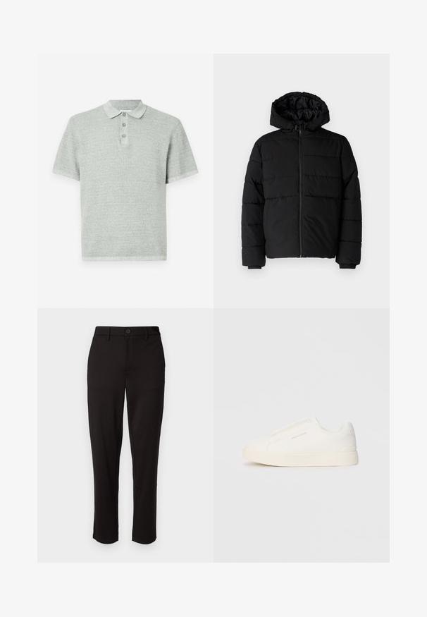 Fekete puff dzseki cipzárral elöl, kapucnival és vízszintes steppelt mintázattal. Simább, tartós anyagból készült, bordázott mandzsettákkal.; Rövid ujjú pólóing világosszürke színben, textúrált anyagból készült. Galléros nyakkal rendelkezik, három gombbal és egyenes aljjal.; Fekete nadrág könnyű anyagból, egyenes lábbal, elülső gombos záródással, övhurkokkal és zsebbel az oldalán.; Fehér slip-on sportcipők texturált felülettel, vastag talppal és minimalista dizájnnal. Az oldalon a márka logója található.