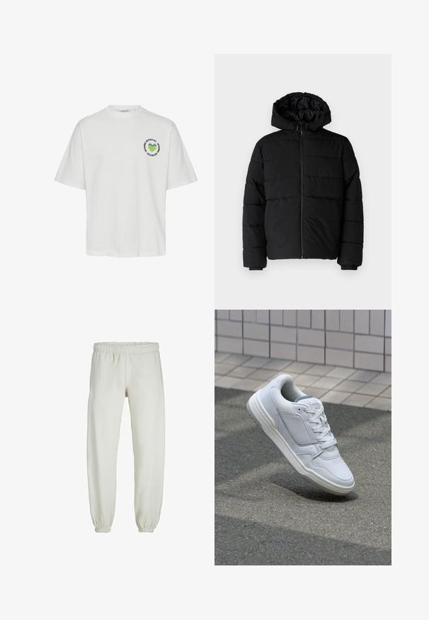 Black puffer jacket featuring a zip front, a hood, and horizontal quilted design. Made of a smooth, durable fabric with ribbed cuffs.; White cotton t-shirt featuring a round graphic with a green heart and text. Short sleeves and a crew neck design. Regular fit.; White sweatpants made from soft fabric, featuring an elastic waistband and cuffs, with a smooth texture and loose-fitting design.; White leather sneaker with perforated sides, textured accents, flat laces, and a contrasting gray heel. Features a slightly elevated sole.