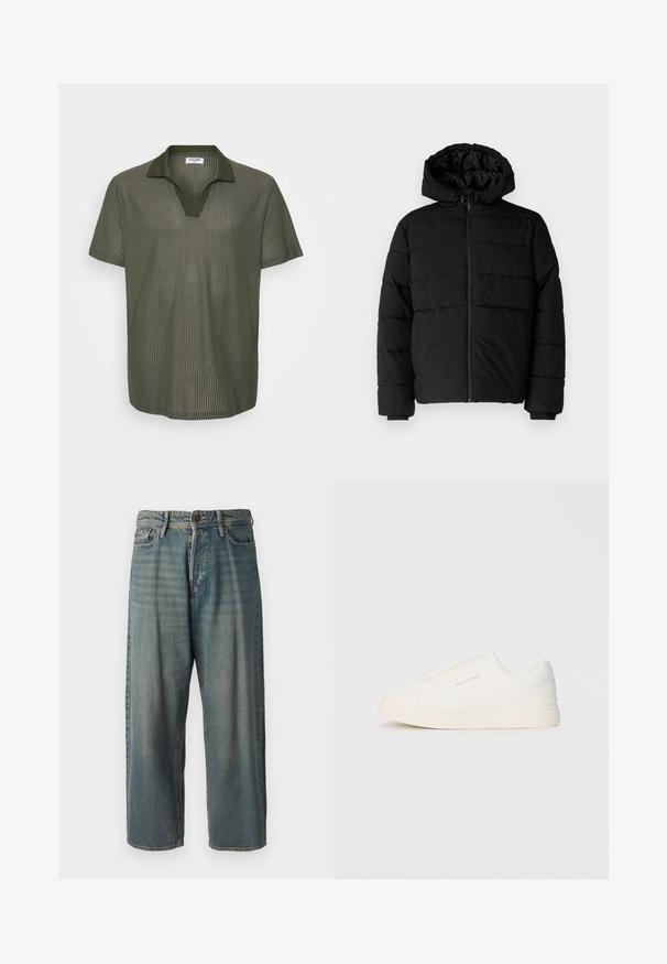 Melna pūkainā jaka ar rāvējslēdzēju priekšā, kapuci un horizontālu quiltēšanas dizainu. Izgatavota no gludas, izturīgas auduma ar ribotām piedurknēm.; Olīvu zaļš īsu piedurkņu polo krekls ar ribotu tekstūru, V veida kakla izgriezumu un kontrastējošu apkakles dizainu. Viegls audums ar brīvu piegriezumu.; Gaiši zili džinsi ar brīvu piegriezumu, vidējo jostas augstumu un taisnām kājām. Satur piecas kabatas, jostas cilpas un pogu aizdari.; Baltas slip-on sporta apavi ar teksturētu virsmu, biezu zoli un minimālistisku dizainu. Sānos redzams zīmola logotips.