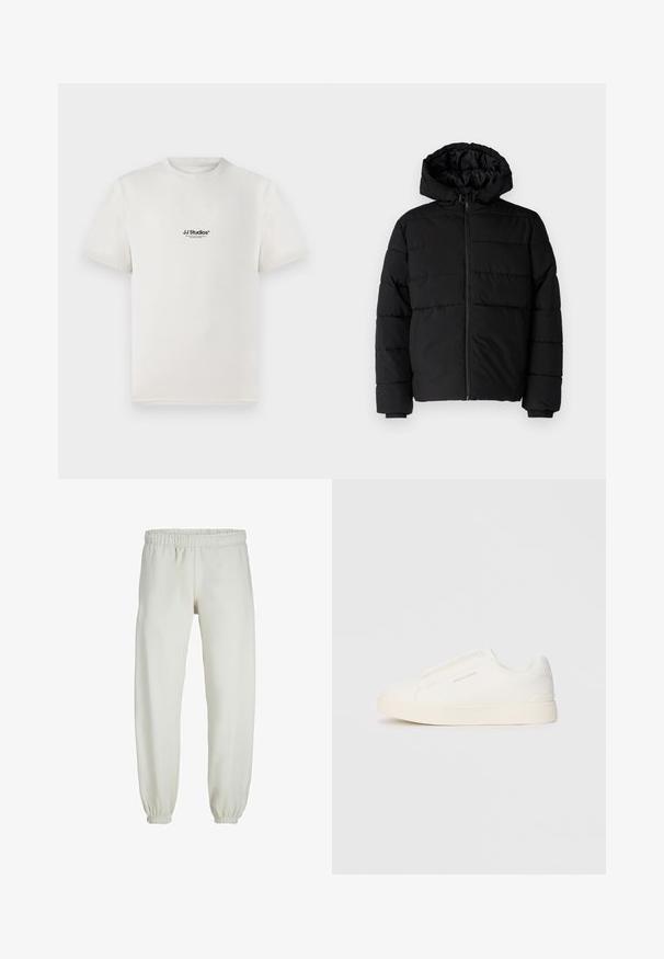 Giacca a vento nera con zip frontale, cappuccio e design a righe orizzontali. Realizzata in un tessuto liscio e resistente con polsini a coste.; T-shirt bianco in cotone con maniche corte, caratterizzato da un logo nero "JJ Studios" sul petto. Design con colletto tondo e vestibilità standard.; Pantaloni tuta bianchi realizzati in tessuto morbido, dotati di vita e polsini elastici, con una texture liscia e una vestibilità ampia.; Sneakers bianchi slip-on con superficie texturizzata, suola spessa e design minimalista. Presentano il logo del marchio sul lato.