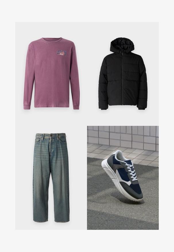 Casaco puffer preto com fecho de correr, capuz e design acolchoado horizontal. Feito de um tecido liso e durável com punhos canelados.; T-shirt de manga longa, com decote redondo, em algodão roxo desbotado, com um logotipo de "Star Wars" impresso no lado esquerdo do peito em um design colorido.; Jeans de ganga azul claro com um corte solto, cintura média e pernas retas. Apresenta cinco bolsos, passadores de cinto e fecho com botão.; Sapatilha com parte superior em malha azul-marinho, detalhes em camurça cinza, sola de borracha branca e atacadores brancos planos, projetada para conforto e respirabilidade.