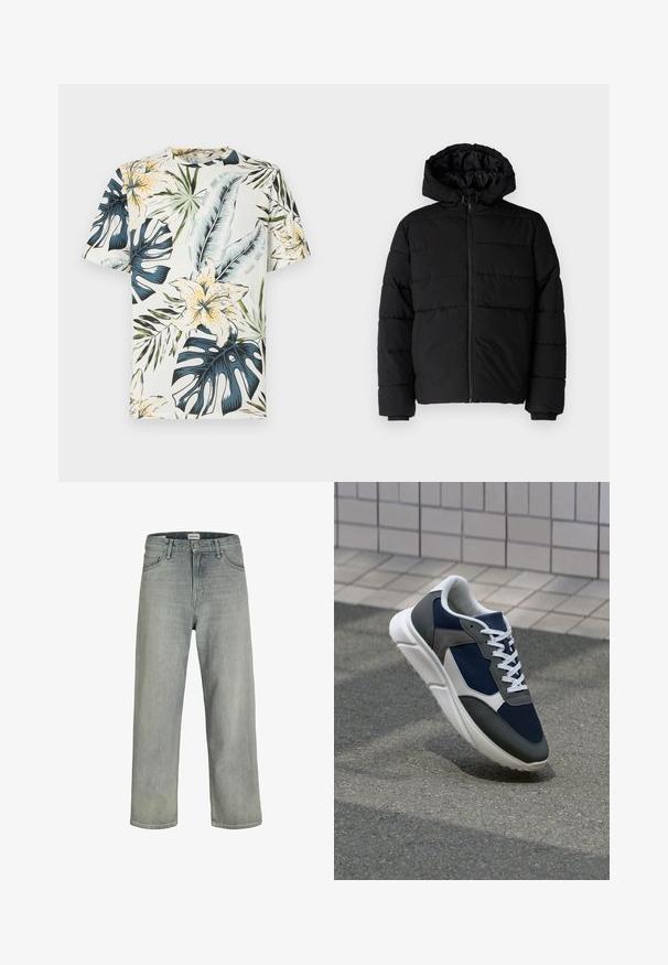 Chaqueta acolchada negra con cremallera frontal, capucha y diseño acolchado horizontal. Fabricada con un tejido suave y duradero con puños acanalados.; Camiseta de manga corta en tejido ligero, con un estampado tropical de flores y hojas en verde, azul y amarillo sobre un fondo crema.; Vaqueros de mezclilla de un gris claro y corte holgado. Presentan un diseño clásico de cinco bolsillos, pasadores de cinturón y una silueta de pierna recta.; Zapatillas con una parte superior de malla azul marino, detalles en gamuza gris, suela de goma blanca y cordones blancos planos, diseñadas para la comodidad y transpirabilidad.