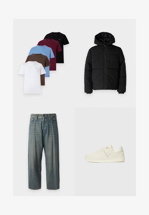 Čierna puff jacket s predným zipsom, kapucňou a horizontálnym prešívaním. Vyrobená z hladkej, odolnej tkaniny s rebrovanými manžetami.; Päť tričiek s krátkym rukávom v bielej, hnedej, modrej, červenej a čiernej farbe. Bavlnený materiál, okrúhle výstrihy a malé loga na každom z nich.; Svetlomodré denimové nohavice so voľným strihom, stredne vysokým pásom a rovnými nohavicami. Obsahujú päť vreciek, pútka na opasok a zapínanie na gombík.; Krémová teniska s perforovanými detailmi, šnúrkami a logom na boku, vystavená na jednoduchej bielej pozadí.