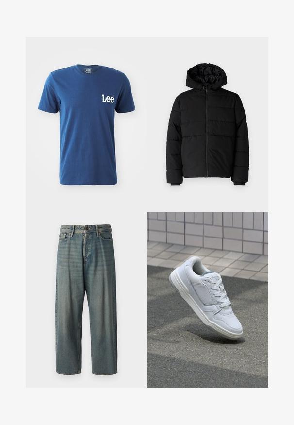 Černá péřová bunda s předním zipem, kapucí a vodorovným prošíváním. Vyrobena z hladké a odolné látky s žebrovanými manžetami.; Modrá bavlněná trička s krátkým rukávem a kulatým výstřihem, s bílou vyšívanou logem "Lee" na levé části hrudi. Hladká textura.; Světle modré denimové džíny s volným střihem, středně vysokým pasem a rovnými nohavicemi. Obsahují pět kapes, poutka na opasek a zapínání na knoflík.; Bílé kožené tenisky s perforovanými stranami, texturovanými detaily, plochými tkaničkami a kontrastní šedou patou. Mají mírně zvýšenou podrážku.