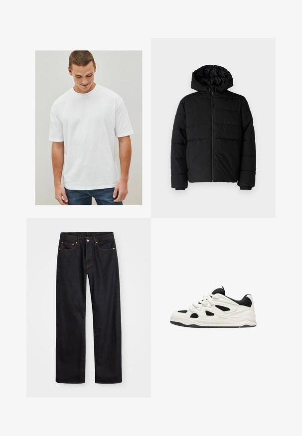 Fekete puff dzseki cipzárral elöl, kapucnival és vízszintes steppelt mintázattal. Simább, tartós anyagból készült, bordázott mandzsettákkal.; Fehér pamut póló rövid ujjal, laza szabással és kerek nyakkivágással. Nincsenek minták vagy díszítések, farmerekkel bemutatva.; Férfi egyenes szabású fekete farmernadrág öt zsebbel és narancssárga varrással, gombos és cipzáros záródással elöl.; Fehér és fekete sportcipők, texturált talppal, oldalt kivágott mintákkal és fűzős megoldással, valamint párnázott hátsó résszel a támasz érdekében.