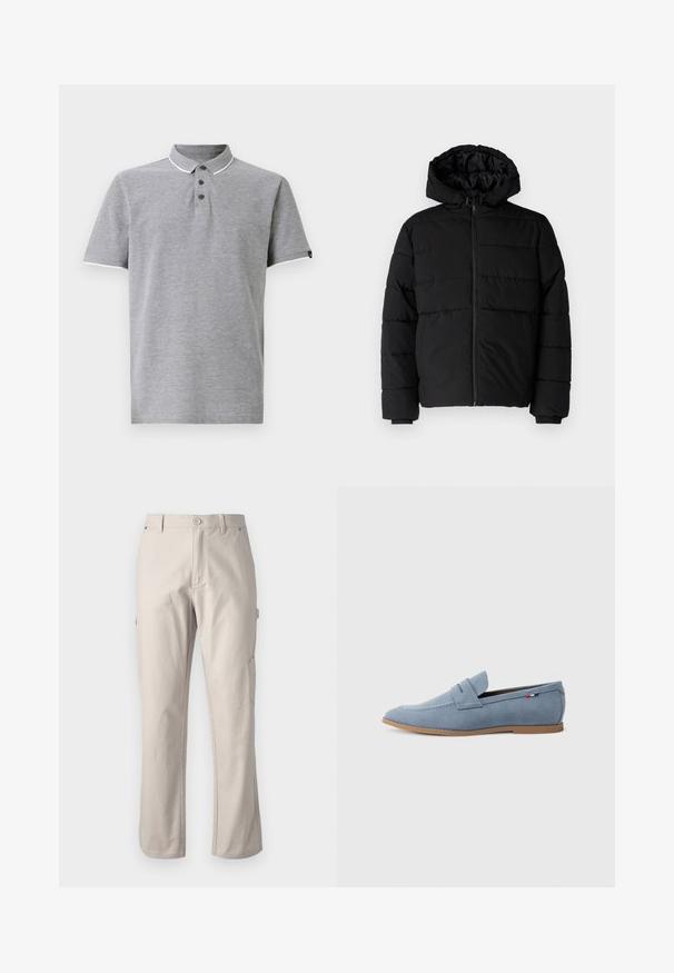 Melna pūkainā jaka ar rāvējslēdzēju priekšā, kapuci un horizontālu quiltēšanas dizainu. Izgatavota no gludas, izturīgas auduma ar ribotām piedurknēm.; Pelēka polo krekls ar apkakli, ar trīs pogām, baltām akcentiem apkaklītē un piedurknēs, un mīkstu tekstūru.; Bežīgas kravas bikses, izgatavotas no izturīgas kokvilnas, ar taisnām kājām, priekšējo pogu aizdari un sānu kabatām praktiskai lietošanai. Gluda tekstūra ar smalku šuvumu.; Gaiši zilas zamšādas mokasīni ar gludu faktūru, dekoratīvo izšuvumu un brūnu gumijas zoli. Augšdaļā ir penny slot dizains.