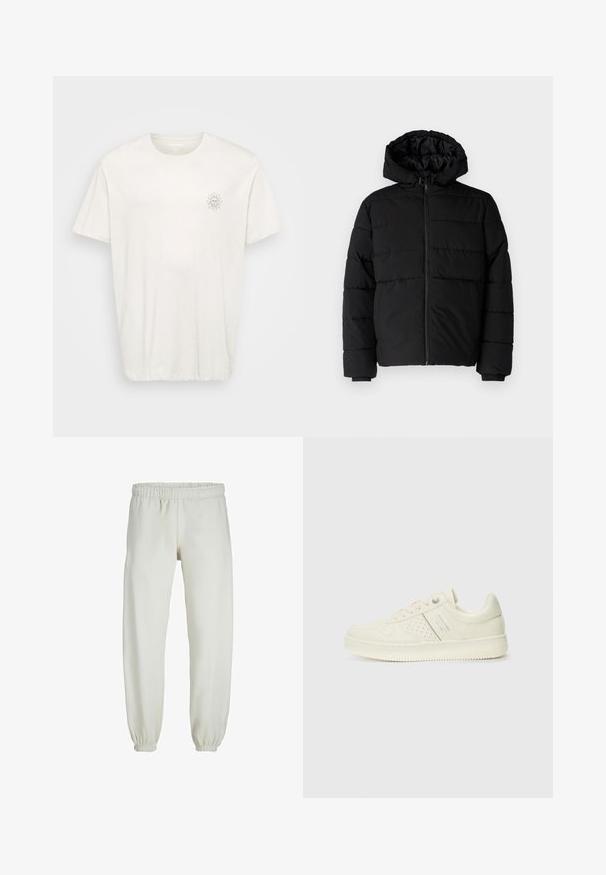 Sort pufferjakke med lynlås foran, hætte og vandret quiltet design. Lavet af et glat og holdbart stof med ribbede manchetter.; Kortærmet t-shirt med rund hals i off-white bomuld. Har et lille solgrafik på venstre bryst. Blød tekstur, løstsiddende pasform.; Hvide sweatpants lavet af blødt stof, med elastisk talje og håndled, der har en glat tekstur og løs pasform.; Cremefarvet sneaker med perforeret detaljering, snørebånd og logo på siden, præsenteret mod en simpel hvid baggrund.