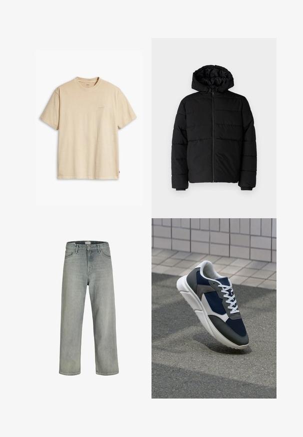 Casaco puffer preto com fecho de correr, capuz e design acolchoado horizontal. Feito de um tecido liso e durável com punhos canelados.; T-shirt de algodão bege com decote redondo e mangas curtas. Apresenta um discreto logo "Levi's" na mesma cor no peito. Textura suave.; Jeans soltos de cor cinza claro feitos de denim. Apresentam um design clássico de cinco bolsos, passadores para cinto e uma silhueta de perna reta.; Sapatilha com parte superior em malha azul-marinho, detalhes em camurça cinza, sola de borracha branca e atacadores brancos planos, projetada para conforto e respirabilidade.