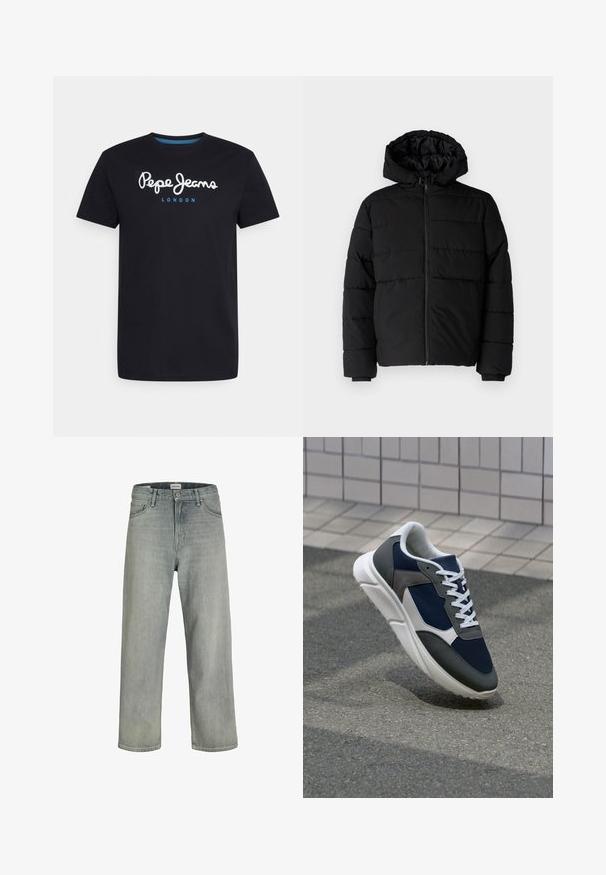 Svart boblejakke med glidelås foran, hette og horisontalt quiltet design. Laget av et glatt, slitesterkt stoff med ribbede cuffs.; Svart bomull T-skjorte med hvit skriptlogo "Pepe Jeans" med blå aksent, rund hals og korte ermer. Enkel, ensfarget design.; Lys grå, løstsittende jeans laget av denim. Har en klassisk fem-lomme-design, beltehemper og en rett ben-silhuett.; Sneakers med en navy blå mesh-overdel, grå sømværk, hvit gummisåle og flate hvite snører, designet for komfort og pusteevne.