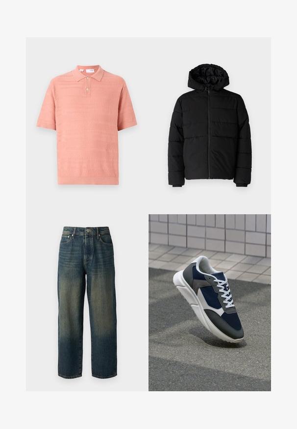Casaco puffer preto com fecho de correr, capuz e design acolchoado horizontal. Feito de um tecido liso e durável com punhos canelados.; Polo de manga curta em rosa claro com padrões texturizados e gola de dois botões. Confeccionado em um material de malha macio e respirável.; Calças de ganga azul com corte reto, apresentando um design desbotado com tons mais claros em direção à bainha, cinco bolsos e fecho com botão.; Sapatilha com parte superior em malha azul-marinho, detalhes em camurça cinza, sola de borracha branca e atacadores brancos planos, projetada para conforto e respirabilidade.