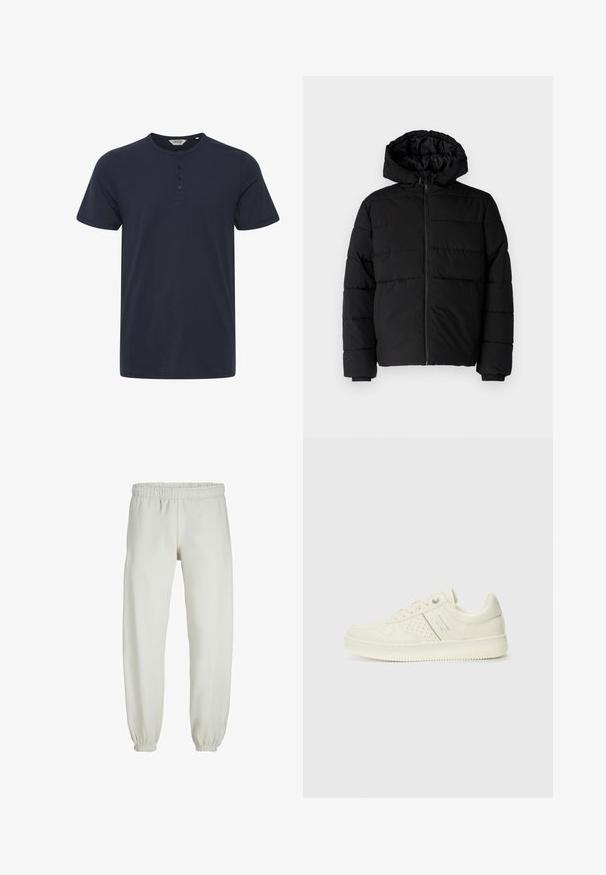 Giacca a vento nera con zip frontale, cappuccio e design a righe orizzontali. Realizzata in un tessuto liscio e resistente con polsini a coste.; T-shirt a maniche corte blu navy realizzato in cotone, con scollo a girocollo e patta con tre bottoni. Tessuto liscio senza patterns.; Pantaloni tuta bianchi realizzati in tessuto morbido, dotati di vita e polsini elastici, con una texture liscia e una vestibilità ampia.; Sneaker color crema con dettagli perforati, lacci e logo sul lato, esposta su uno sfondo bianco semplice.