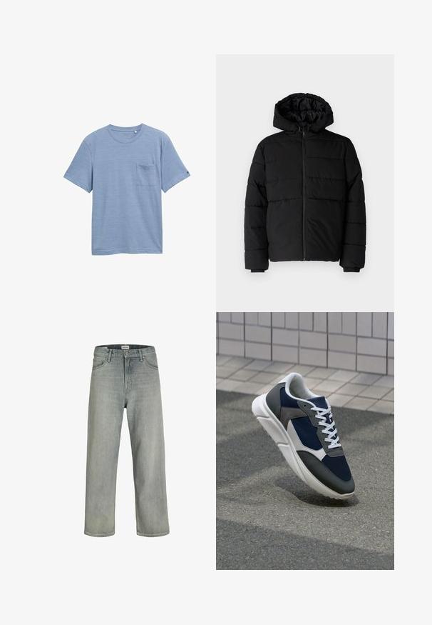 Black puffer jacket featuring a zip front, a hood, and horizontal quilted design. Made of a smooth, durable fabric with ribbed cuffs.; Light blue short-sleeve t-shirt made of textured fabric, featuring a round neck and a chest pocket on the left side.; Light gray, loose-fitting jeans made of denim. Features a classic five-pocket design, belt loops, and a straight leg silhouette.; Sneaker featuring a navy blue mesh upper, gray suede accents, white rubber sole, and flat white laces, designed for comfort and breathability.