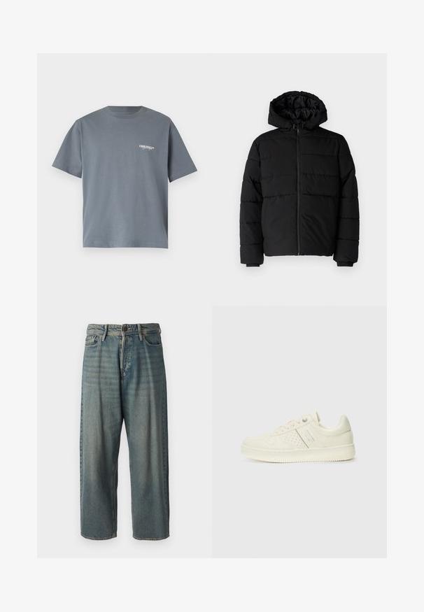 Sort pufferjakke med lynlås foran, hætte og vandret quiltet design. Lavet af et glat og holdbart stof med ribbede manchetter.; Grå bomulds t-shirt med korte ærmer, der har et lille hvidt "ORIGINALS" logo på venstre brystområde. Enkel crewneck design.; Lyseblå denim jeans med løs pasform, mellemhøj talje og lige ben. Har fem lommer, bæltestropper og en knappelukning.; Cremefarvet sneaker med perforeret detaljering, snørebånd og logo på siden, præsenteret mod en simpel hvid baggrund.