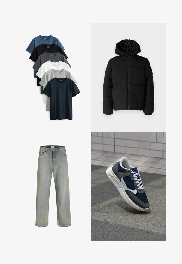 Juodas pūkinis švarkas su užtrauktuku priekyje, gaubtu ir horizontaliai siuvinėtu dizainu. Pagamintas iš lygaus, tvirto audinio su raukiniais ant rankovių.; Šeši trumpomis rankovėmis marškiniai, išdėstyti krūvoje. Spalvos: tamsiai mėlyna, juoda, žalia, balta, šviesiai pilka ir tamsiai pilka. Pagaminti iš medvilnės.; Šviesiai pilkos, laisvai krentančios džinsinės kelnės. Turi klasikinį penkių kišenių dizainą, diržo kilpas ir tiesius kojų siluetus.; Sportiniai bateliai su tamsiai mėlynu tinkliniu viršumi, pilkais zomšiniais akcentais, balta guma padanga ir plokščiomis baltomis raištelėmis, sukurti komfortui ir oro pralaidumui.