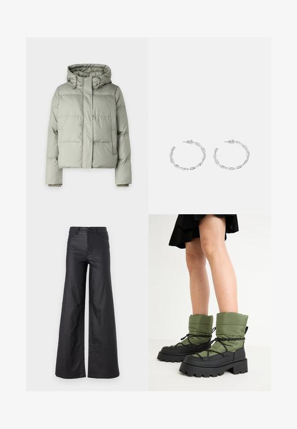 Gaiši zaļa pūkaina jaka ar kapuci, ar īsu dizainu, izšūtām paneļiem un elastīgām aprocēm. Iekļauta savilkšanas aukla kakla daļā.; Balta bezpiedurkņu topiņš no ribotā auduma, ar noapaļotu kakla izgriezumu un pieguļošu siluetu, ar minimālām šuvēm un bez rotājumiem.; Melni, plata kāju bikses no mākslīgās ādas. Iespējas ietver augstu jostasvietu, jostu cilpas, divas priekšu kabatas un izšuvumu detaļas.; Zaļas mīkstas potīšu zābaki ar melniem gumijas zolēm un auklām. Augšdaļa ir ar quilted struktūru. Masīva zole, kas uzlabo saķeri un stabilitāti.; Sudraba gredzenveida auskari ar savītu dizainu, kas ir ar pulētu apdari un ar aizmugurēju fiksāciju. Izmērs ir aptuveni 3 cm diametrā.