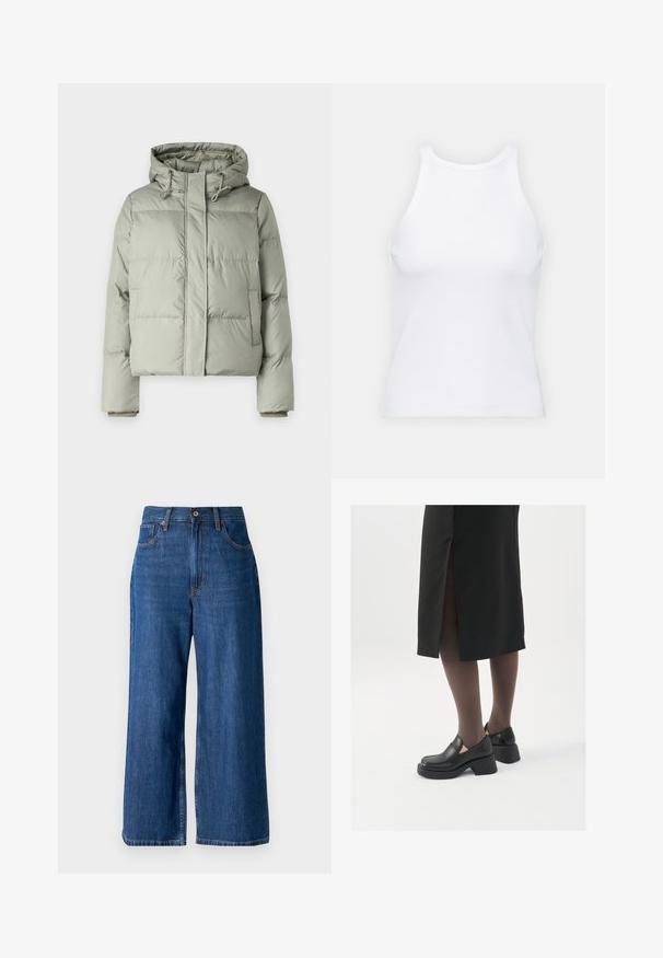 Šviesiai žalias pūkinis švarkas su gobtuvu, turintis sutrumpintą dizainą, siuvinėtus skyrius ir elastines rankoves. Su raišteliu ties kaklu.; Baltas be rankovių marškinėlis, pagamintas iš išklotinės medžiagos, su apvaliu iškirpimu ir prigludusia siluetu, minimaliais siūlais ir be dekoracijų.; Platus kojų džinsai giliai mėlynos spalvos su subtiliu blukimu, užtrauktuku ir priekinėmis kišenėmis. Ruošiniai su kontrastingomis siūlėmis ir standartiniu juosmeniu.; Juodos odinės bateliai su apvaliu nosiu, stora blokine pakulne ir elastingais šonais, derinami su tamsiomis pėdkelnėmis ir juoda sijonu su plyšiu.