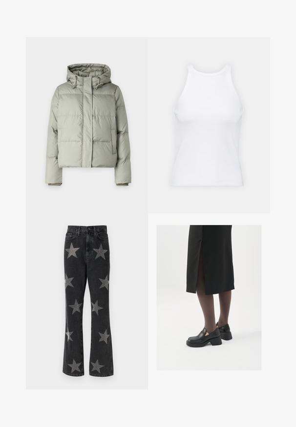 Svetlozelená bunda s kapucňou, vyrobená z materiálu typu puffer, s kratším strihom, prešitými panelmi a elastickými manžetami. Obsahuje sťahovaciu šnúrku na výstrihu.; Biela bezrukávová tielko vyrobené z rebrovanej látky, s okrúhlym výstrihom a priliehavým strihom, s minimálnymi švami a bez ozdôb.; Čierne riflové nohavice so širokými nohavicami s ozdobnými striebornými hviezdami rôznych veľkostí. Vysoký pás, vrecká a zapínanie na gombík.; Čierne kožené topánky s okrúhlou špičkou, silným blokovým opätkom a elastickými bočnými akcentmi, skombinované s tmavými pančuchami a čiernou sukňou so štiepením.