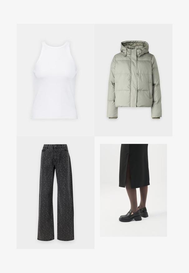 Svetle zelená péřová bunda s kapucí, má zkrácený střih, prošívané panely a elastické manžety. Obsahuje tkanici na výstřihu.; Bílý bezrukávový top vyrobený z ribbed látky, s kulatým výstřihem a přiléhavým střihem, s minimem švů a bez ozdob.; Noisy May NMJANNEL LOOSE - Džíny Relaxed Fit - black denim; Černé kožené boty s kulatou špičkou, silným blokovým podpatkem a elastickými bočními akcenty, spárované s tmavými punčochami a černou sukní se rozparkem.