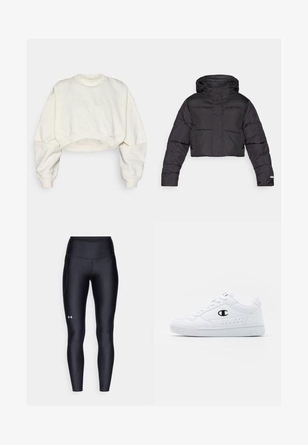 Giacca a vento nera cropped con cappuccio, caratterizzata da un design trapuntato, polsini elasticizzati e un sottile dettaglio del logo sulla manica.; Felpa cropped in tessuto off-white, con colletto a girocollo a costine, spalle scese e orlo a bande. Texture liscia e design minimal.; Leggings neri realizzati in materiale morbido e stretch con vita alta. Presentano un logo bianco sulla coscia sinistra e un design aderente.; Sneakers atletici bianchi con pelle sintetica liscia, accento del logo nero e dettagli perforati sul lato. Suola in gomma.