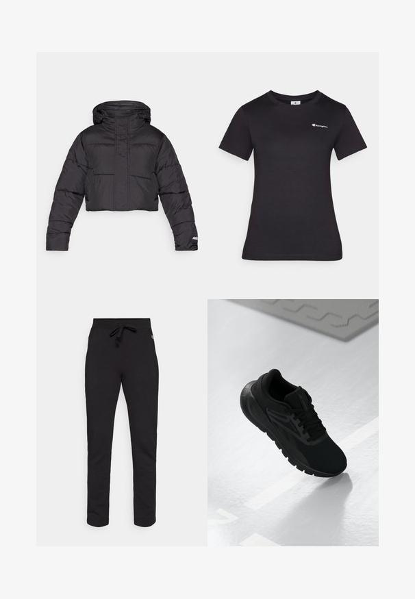 Afskåret sort pufferjakke med hætte, der har quiltet design, elastiske manchetter og diskret logo-detail på ærmet.; Sort kortærmet t-shirt lavet af bomuld, med et lille broderet logo på brystet. Klassisk crewneck design med en blød tekstur.; Sorte sweatpants lavet af blødt bomuld. Har en elastisk talje med snøre og en tætsiddende ankelmanchet. Simpelt design uden mønstre.; Sort atletiksko med en mesh-overdel, rund tå, polstret sål og strukturerede detaljer, placeret på en glat hvid overflade.