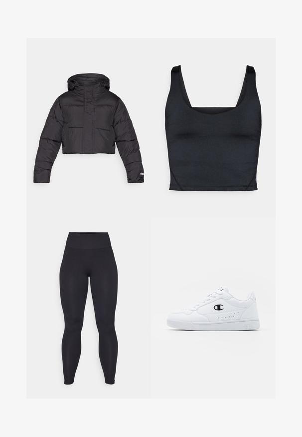 Sastiepiet melns pūkains jaciņas ar kapuci, ar izšūtu dizainu, elastīgām aprocēm un diskrētu logotipa detaļu uz piedurknes.; Melnas krāsas īss topiņš ar gludu, elastīgu audumu, platām plecu lencēm un kvadrātveida izgriezumu ar minimālām šūšanas detaļām.; Melnas augsta vidukļa legingi, kas izgatavoti no elastīga materiāla ar gludu tekstūru. Dizains ir pieguļošs un bezšuvju, bez redzamām emblēmām vai rakstiem.; Baltas sporta apavi ar gludu sintētisku augšdaļu, melnu logotipa akcentu un perforētu apdari sānos. Gumijas zole.