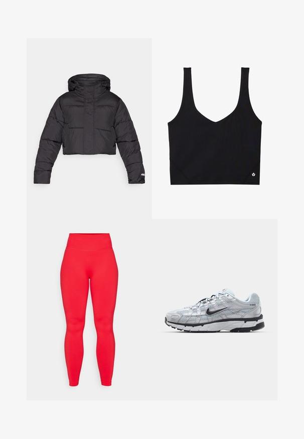 Kratka črna zimska jakna s kapuco, z našitim kvadratnim vzorcem, elastičnimi manšetami in diskretno logotipno podrobnostjo na rokavu.; Črna športna modrček z širokimi naramnicami, zasnovo v obliki črke V, teksturirano tkanino in detajlom logotipa na robu. Gladek videz, minimalističen slog.; Rde hlače z visokim pasom, narejene iz raztegljive tkanine, z gladko teksturo in prilegajočim dizajnom, ki se pri gležnjih zoži.; Nike P-6000 športni copati z lahkim sivim mrežastim zgornjim delom, črnimi dodatki in trdim črnim gumijastim podplatom. Imajo zapleten dizajn in sistem vezalk.