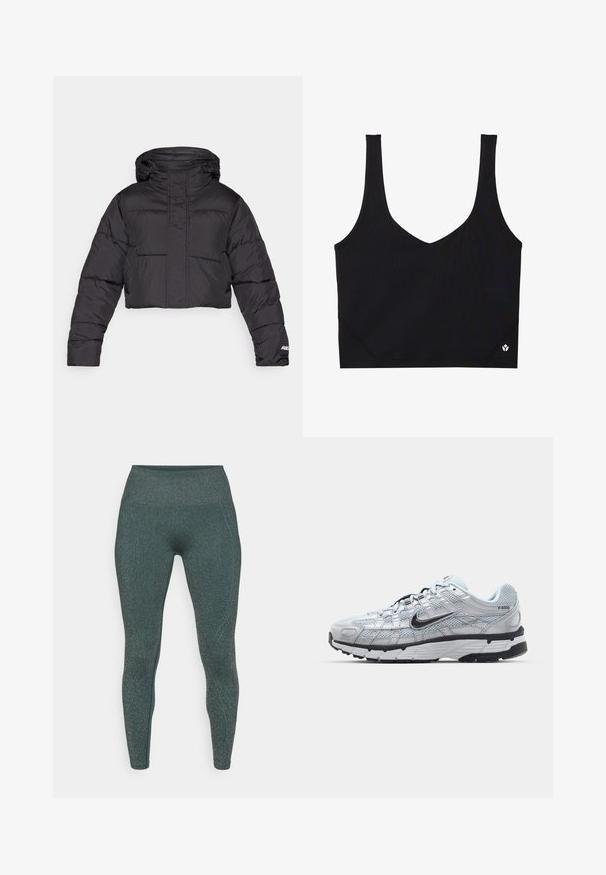 Veste matelassée noire courte avec capuche, arborant un design matelassé, des poignets élastiques et un logo discret sur la manche.; Soutien-gorge de sport noir avec des bretelles larges, un design en V, un tissu texturé et un détail de logo à l'ourlet. Fini lisse, style minimaliste.; Leggings en bleu sarcelle foncé avec un éclat métallique. Design taille haute, texture lisse et coupe ajustée. Aucune couture ou motif visible.; Baskets Nike P-6000 avec une tige en mesh gris clair, des accents noirs et une semelle en caoutchouc noir durable. Présente un design complexe et un système de laçage.