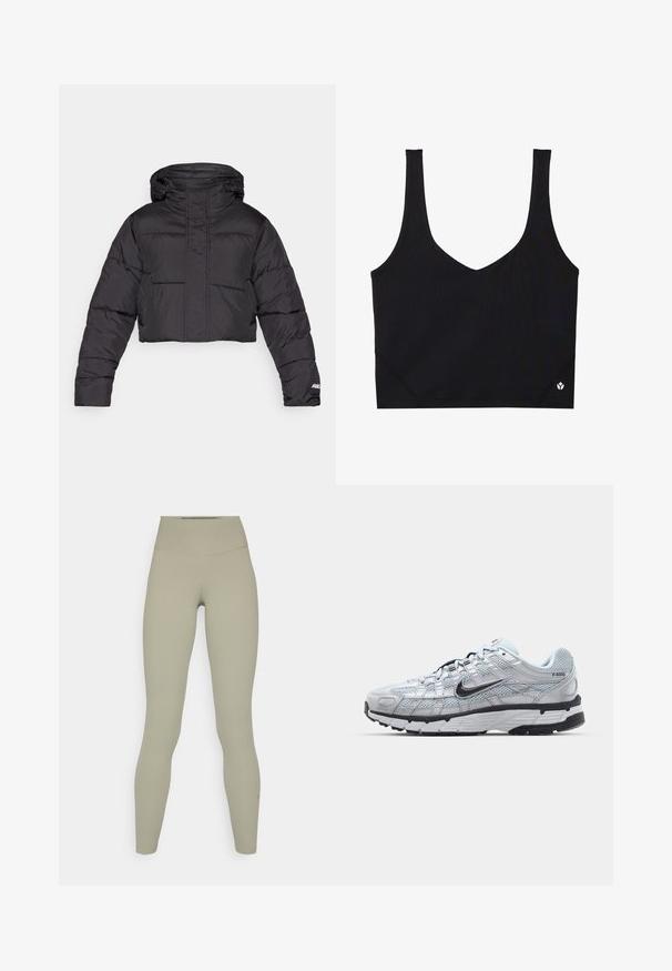 Lyhyt musta untuvatakki huppulla, joka sisältää tikatun muotoilun, elastiset hihansuut ja huomaamattoman logon yksityiskohdan hihassa.; Mustat urheilutopit leveillä olkahihnoilla, V-mallinen kaula-aukko, texturoitu kangas ja logotehostehelmassa. Sileä pinta, minimalistinen tyyli.; Korkeavyötäröiset, istuvat legginsit pehmeästä, hillitystä oliivinvihreästä kankaasta, jossa on sileä pinta eikä näkyviä kuvioita tai varusteita.; Nike P-6000 tennarit, joissa on vaaleanharmaa verkkomateriaali, mustia yksityiskohtia ja kestävä musta kumipohja. Ominaisuuksia ovat monimutkainen muotoilu ja nauhoitusjärjestelmä.