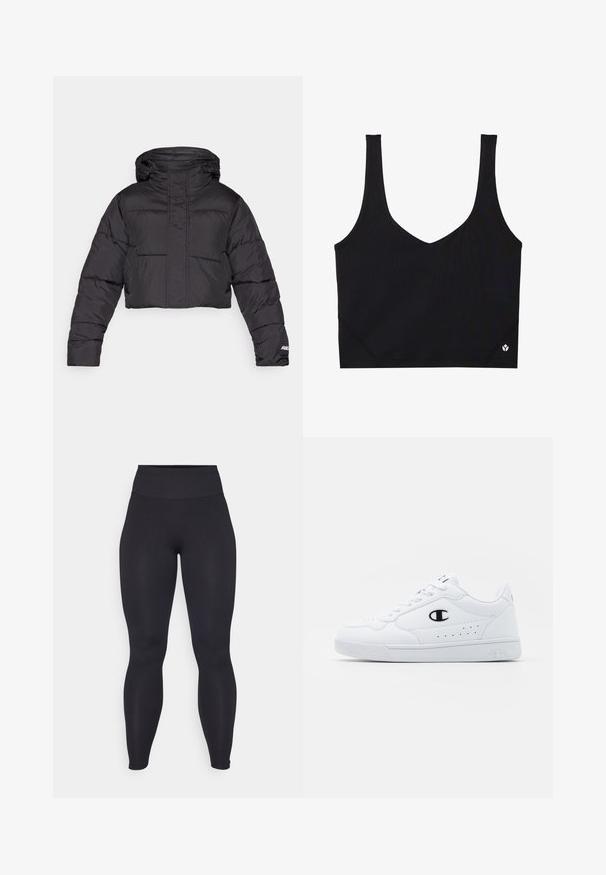 Zastrihnutá čierna páperová bunda s kapucňou, s prešívaným dizajnom, elastickými manžetami a nenápadným logom na rukáve.; Čierny športový podprsenka so širokými ramienkami, dizajnom do V, textúrovanou tkaninou a logom na leme. Hladký povrch, minimalistický štýl.; Čierne legíny s vysokým pásom vyrobené z elastického materiálu s hladkým povrchom. Dizajn je priliehavý a bezšvový, bez viditeľných log a vzorov.; Biele športové tenisky s hladkým syntetickým zvrškom, čiernym logom a perforovanými detailmi na boku. Gumová podošva.