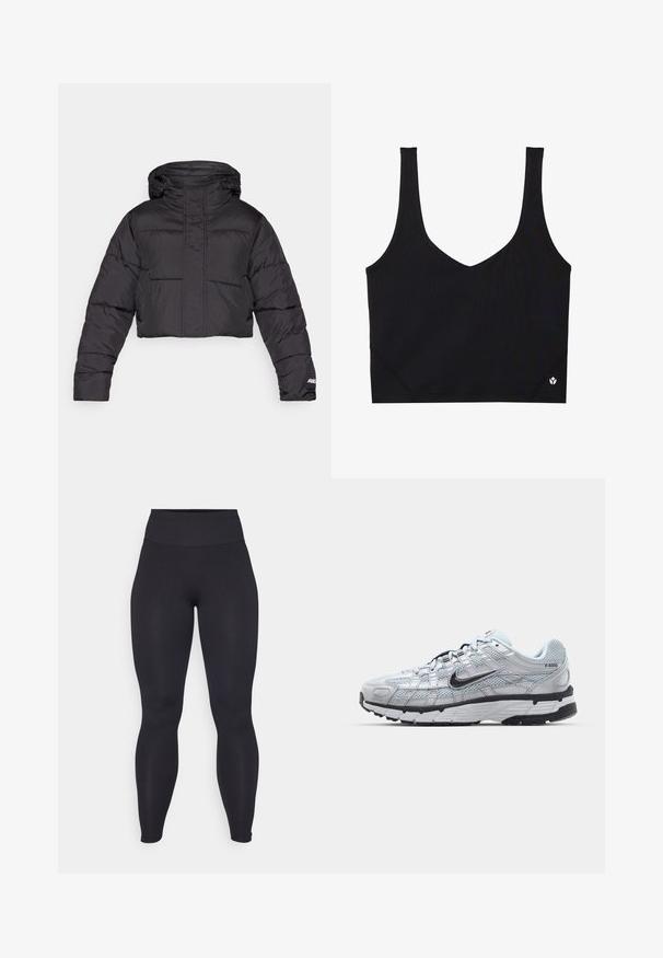 Przycięta czarna kurtka puchowa z kapturem, z pikowanym wzorem, elastycznymi mankietami oraz subtelnym logo na rękawie.; Czarny sportowy biustonosz z szerokimi ramiączkami, dekoltem w kształcie litery V, teksturowanym materiałem i logo na dolnym wykończeniu. Gładkie wykończenie, minimalistyczny styl.; Czarne legginsy o wysokim stanie, wykonane z elastycznego materiału o gładkiej fakturze. Krój jest dopasowany i bezszwowy, bez widocznych logo czy wzorów.; Nike P-6000 sneakers z jasnoszarym siateczkowym wierzchem, czarnymi akcentami i trwałą czarną gumową podeszwą. Charakteryzują się skomplikowanym wzornictwem i systemem sznurowania.