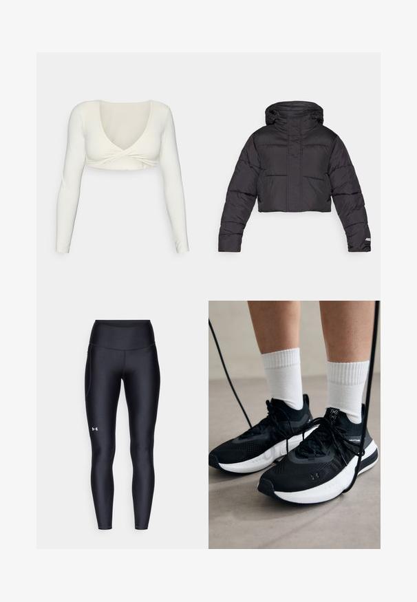 Zkrácená černá péřová bunda s kapucí, s prošívaným designem, elastickými manžetami a decentním logem na rukávu.; Bílý crop top s dlouhým rukávem, hlubokým výstřihem do V a zkrouceným předním designem, vyrobený z hladkého, elastického materiálu.; Černé leginy vyrobené z hladkého, pružného materiálu s vysokým pasem. Obsahují bílé logo na levém stehně a mají přiléhavý střih.; Černé sportovní boty s texturovanou tkaninou, bílou podrážkou a černými tkaničkami. Nosené s bílými žebrovanými ponožkami, stojící na světlém povrchu.