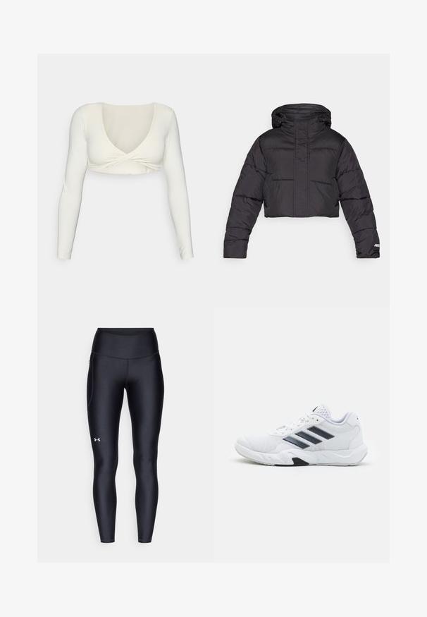 Gekürzte schwarze Steppjacke mit Kapuze, ausgestattet mit einem gesteppten Design, elastischen Bündchen und einem dezenten Logo-Detail am Ärmel.; Weißes langärmliges Cropped Top mit tiefem V-Ausschnitt und gedrehtem Vorderdesign, hergestellt aus einem glatten, dehnbaren Stoff.; Schwarze Leggings aus glattem, elastischem Material mit einem hohen Bund. Mit einem weißen Logo auf dem linken Oberschenkel und tailliertem Design.; Weißer Sportschuh mit Mesh-Obermaterial, drei schwarzen Streifen an der Seite, strukturierten Akzenten und einer robusten Gummisohle mit einem kontrastierenden schwarzen Bereich.