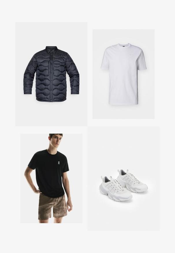 Zateplená bunda v tmavě námořnické barvě, s prošívaným designem a zaoblenými vzory, zapínáním na patentky a límcem.; Bílá bavlněná tričko s krátkým rukávem a kulatým výstřihem. Na hrudi má malé, nenápadné logo světle modré barvy. Hladká textura.; On PERFORMANCE AOP - Sportovní kraťasy - cinder; Bílé sportovní boty s síťovinovým svrškem, šedými akcenty, strukturovanou gumovou podrážkou a poutky na patě; obsahují šněrovací design.