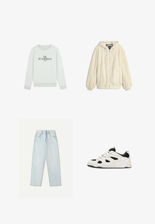 Kremowa kurtka z sztucznego futra z kapturem, zapinana na zamek, z elastycznymi mankietami i dołem. Miękka tekstura o pluszowym wykończeniu, idealna na codzienne noszenie.; Scalpers ATELIER miętowy; Jasnoniebieskie dżinsy o luźnym kroju, prostych nogawkach, pięcioma kieszeniami oraz delikatnym wyblaknięciem materiału.; Białe i czarne buty sportowe z teksturowaną podeszwą, z wyciętymi wzorami po bokach oraz sznurowadłami, a także wyściełanym tyłem dla wsparcia.