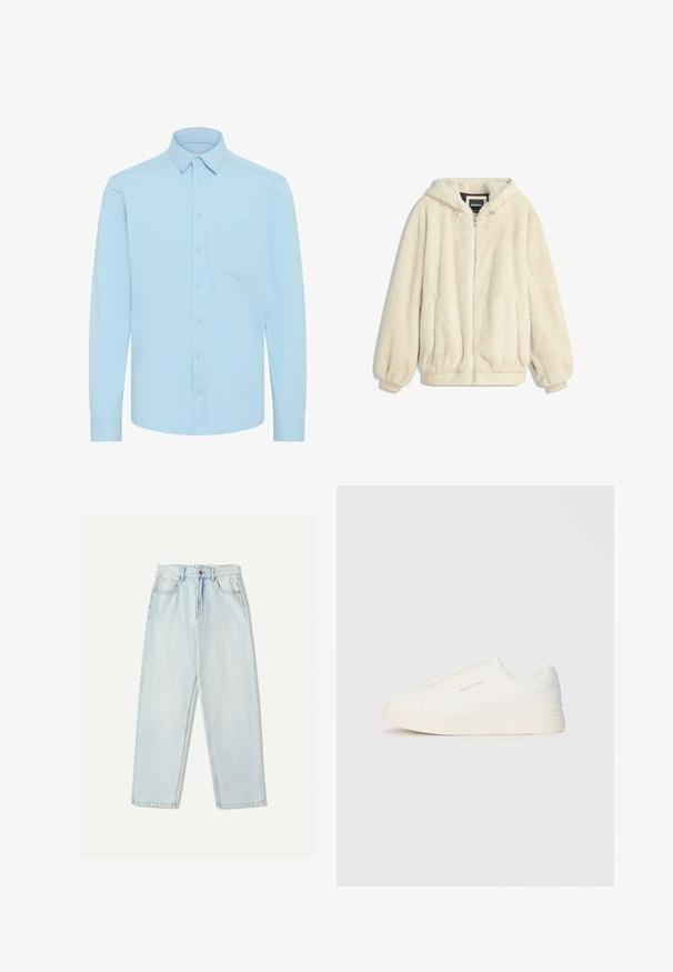Krém színű műszőrme kabát kapucnival, cipzáras záródással, rugalmas mandzsettákkal és aljjal. Puha tapintású, plüss felületű, alkalmas hétköznapi viseletre.; Világoskék, hosszú ujjú ing, klasszikus gallérral és egyetlen mellzsebbel. Sima anyagból készült, egyszerű mintázattal.; Világoskék farmernadrág, laza szabással, egyenes szárú kialakítással, öt zsebes stílussal és finom elhalványulással az anyagon.; Fehér slip-on sportcipők texturált felülettel, vastag talppal és minimalista dizájnnal. Az oldalon a márka logója található.