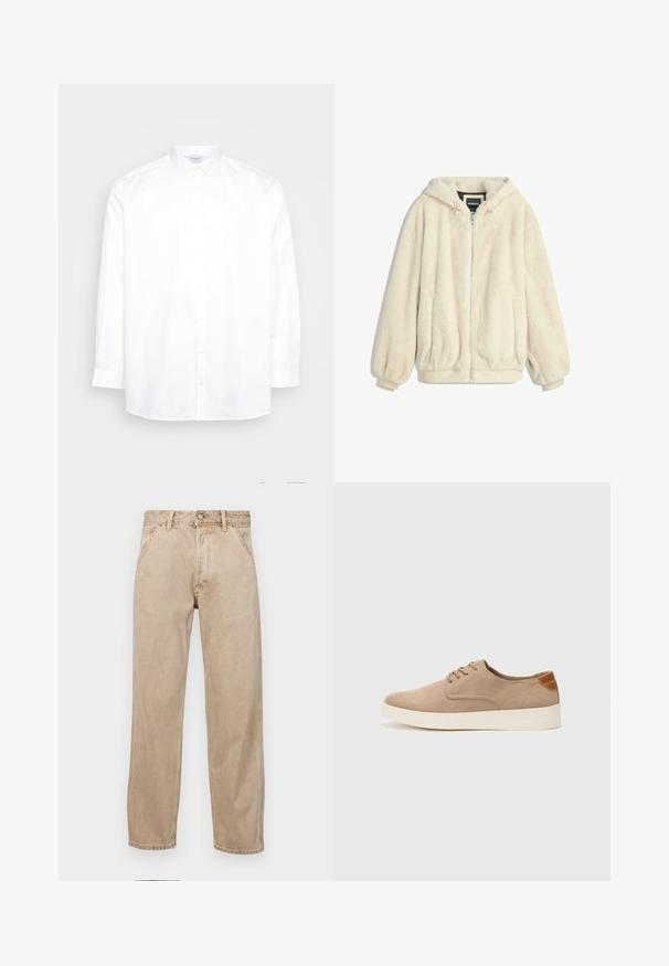 Cream-colored faux fur jacket with a hood, zip closure, elastic cuffs, and hem. Soft texture with a plush finish, suitable for casual wear.; White long-sleeve button-up shirt made of cotton. Features a pointed collar and six buttons down the front. Smooth texture, regular fit.; Beige denim jeans with a straight leg design, featuring front pockets, a metal button closure, and subtle texture.; Beige suede sneakers with a rounded toe, lace-up front, and a textured back accent. White rubber sole provides contrast. Simple and modern design.