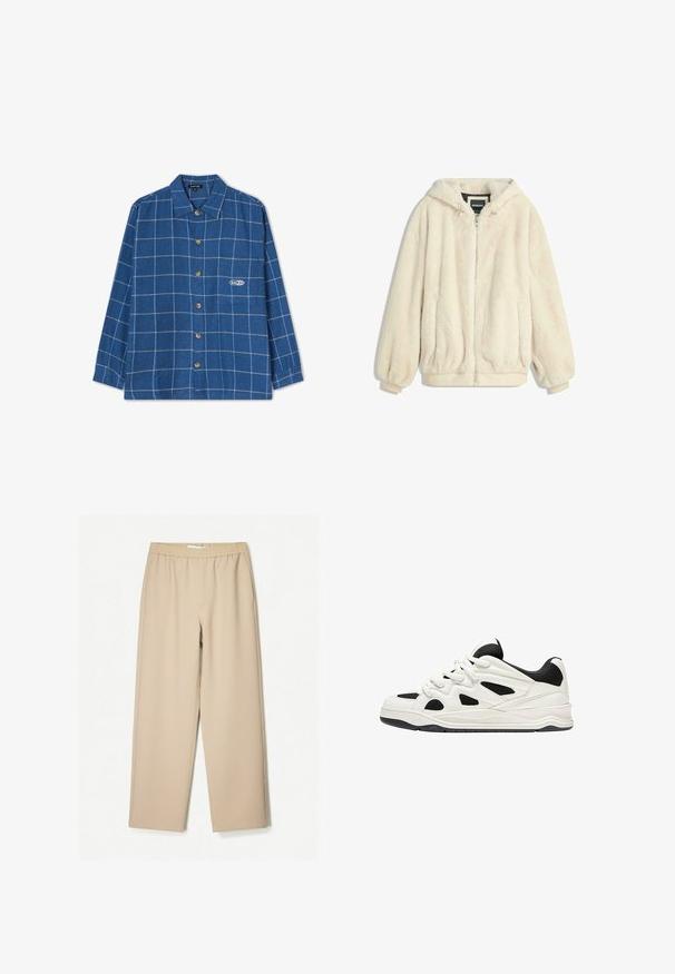 Kremowa kurtka z sztucznego futra z kapturem, zapinana na zamek, z elastycznymi mankietami i dołem. Miękka tekstura o pluszowym wykończeniu, idealna na codzienne noszenie.; Niebieska koszula flanelowa w kratę z długimi rękawami, zapinana na guziki z wywijanym kołnierzykiem i małym logo na kieszeni piersiowej.; Beżowe spodnie szerokie z elastycznym paskiem, wykonane z miękkiego materiału, o gładkiej fakturze i minimalnych detalach szwów.; Białe i czarne buty sportowe z teksturowaną podeszwą, z wyciętymi wzorami po bokach oraz sznurowadłami, a także wyściełanym tyłem dla wsparcia.