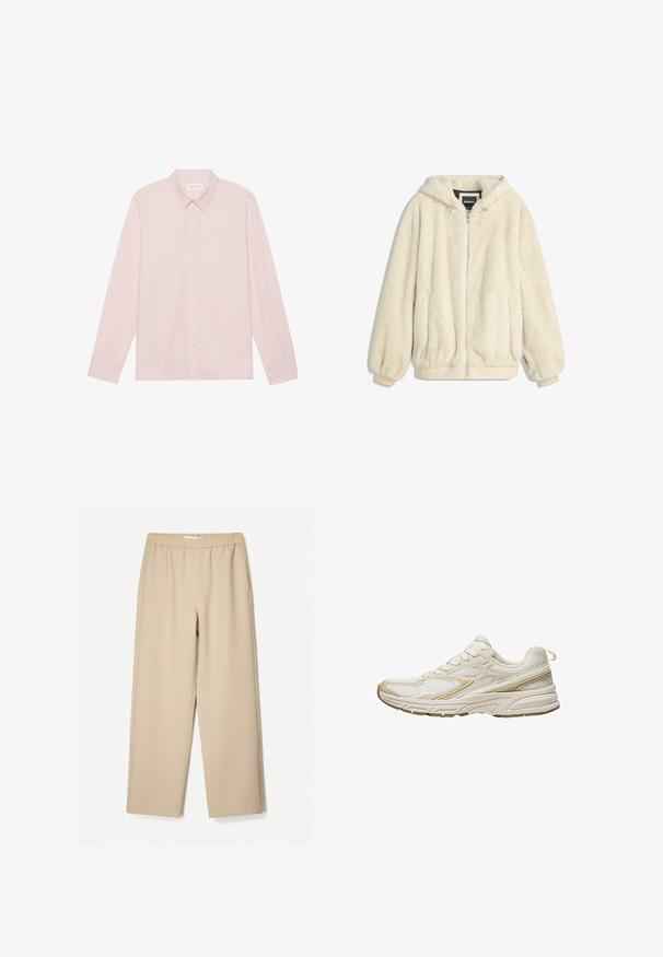 Krémová umelá kožušinová bunda s kapucňou, zipsom, elastickými manžetami a spodným lemom. Mäkká textúra s plyšovým povrchom, vhodná na neformálne nosenie.; Svetloružová košela s dlhým rukávom a zapínaním na gombíky, s ostrým golierom, vyrobená z hladkej tkaniny, s predným zapínaním a minimalistickým dizajnom.; Béžové široké nohavice s elastickým pásom, vyrobené z mäkkej tkaniny, s hladkým povrchom a minimálnymi detailmi šitia.; Biele športové topánky vyrobené z textílie a syntetického materiálu, s oble zakrivenou špičkou, polstrovanou podrážkou a béžovými akcentmi po stranách.